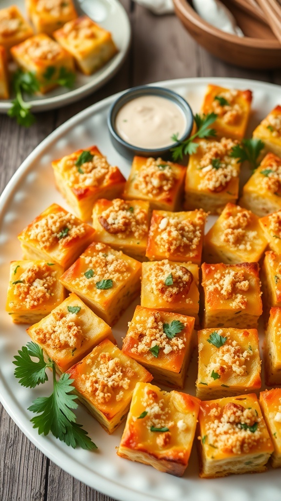 Bite-sized cheesy vegetable casserole squares on a platter, garnished with parsley.